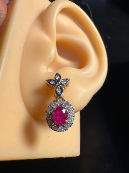 Natural unheated Burmese rubies (1.55CT) and natural diamond drop earrings in 20K solid gold