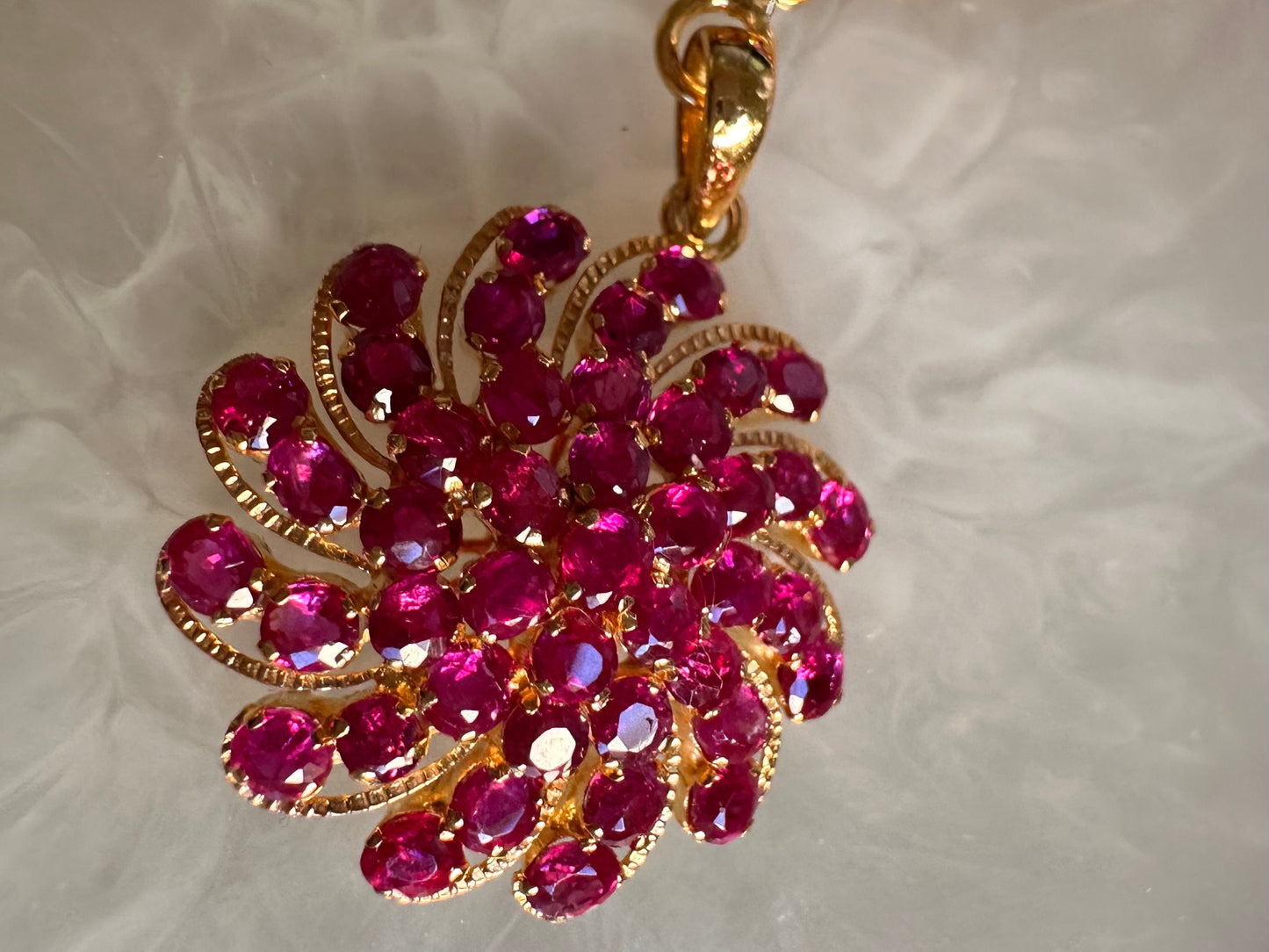 Floral Style Natural Unheated Burmese Rubies Sunburst Pendant in 20K Solid Gold