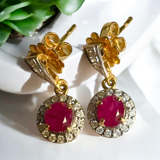 Teardrop style Natural unheated Burmese ruby (2CT) and natural diamond earrings in 20K solid gold