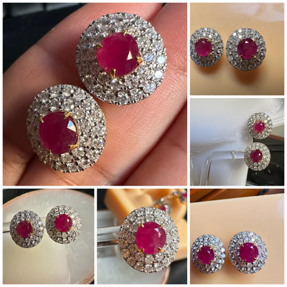 Natural unheated Burmese rubies (3.2CT) and natural diamond drop earrings in 18K solid gold