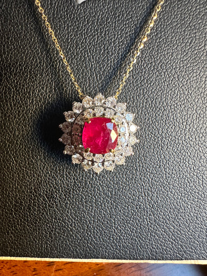 Two Halo Brilliance: Natural Diamonds & Natural Unheated Burmese Ruby (1CT) Pendant with Solid Gold Chain