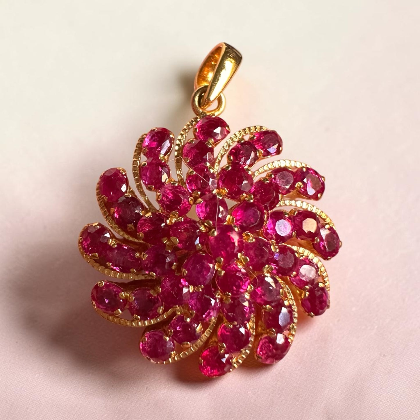 Floral Style Natural Unheated Burmese Rubies Sunburst Pendant in 20K Solid Gold
