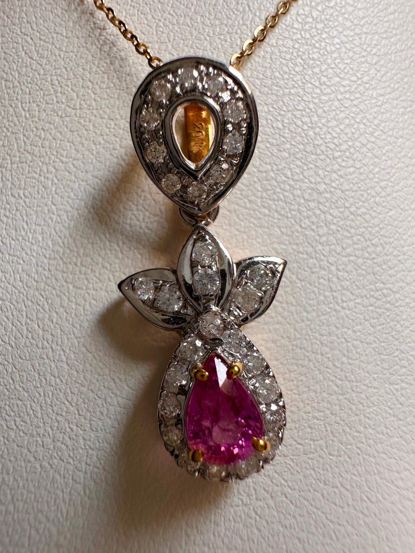 Natural Pink Sapphire & Diamond Halo Pendant in 20K Solid Gold with gold Necklace