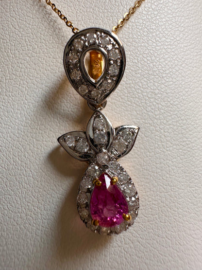Natural Pink Sapphire & Diamond Halo Pendant in 20K Solid Gold with gold Necklace