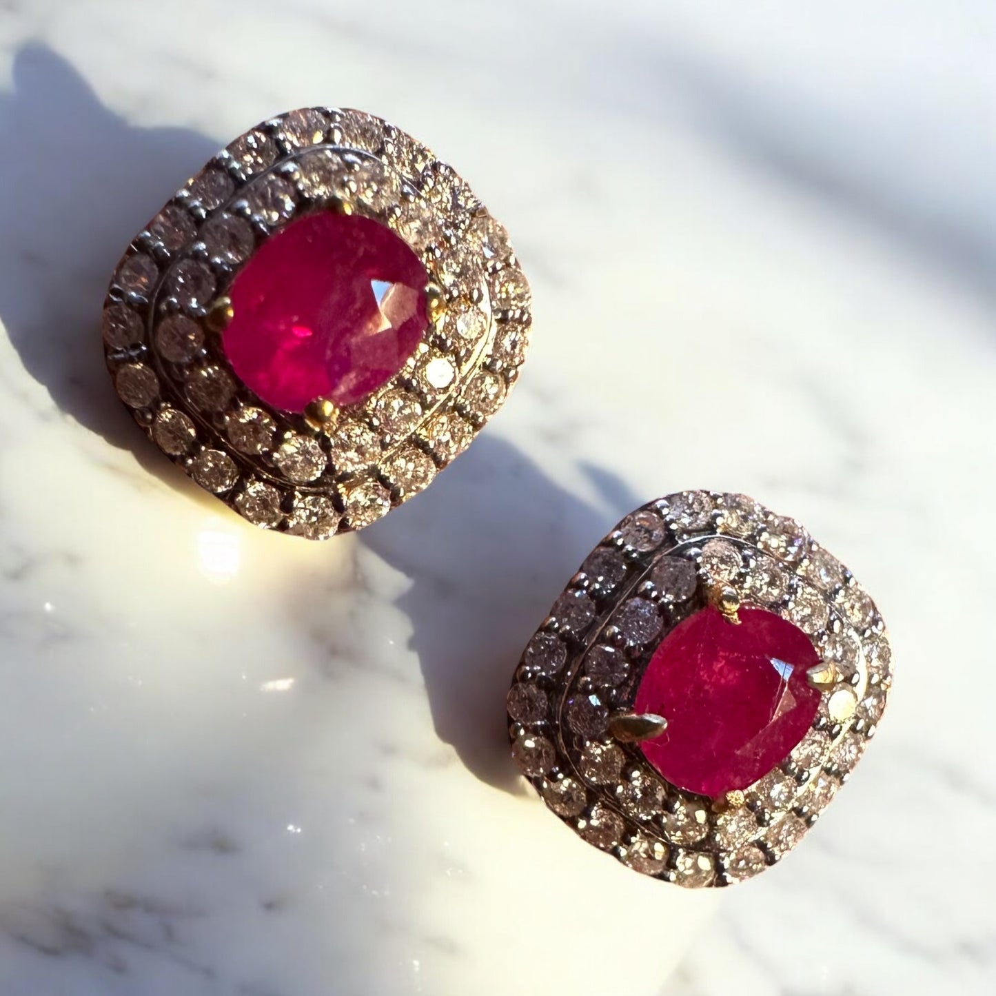 Natural unheated Burmese rubies (1.50CT) and natural diamond drop earrings in 20K solid gold