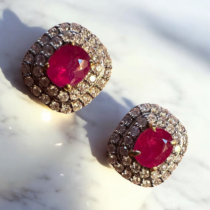 Natural unheated Burmese rubies (1.50CT) and natural diamond drop earrings in 20K solid gold