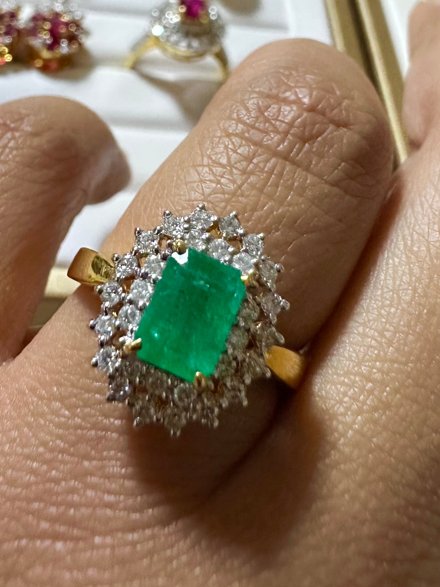 Emerald Cut Natural Emerald and Natural Diamonds Ring in 18K Solid Gold