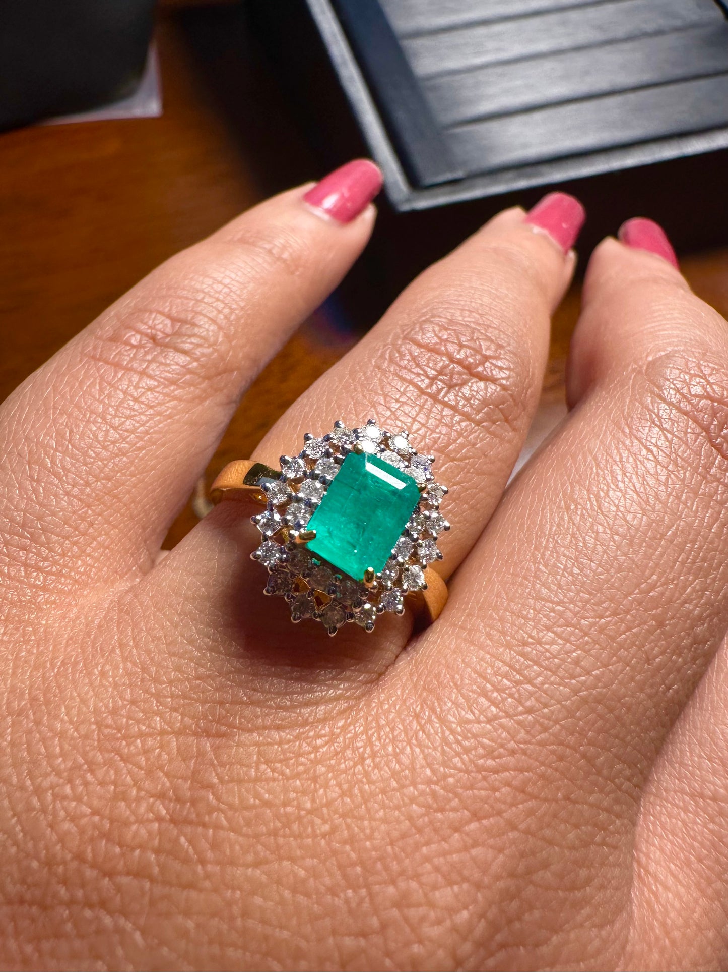 Emerald Cut Natural Emerald and Natural Diamonds Ring in 18K Solid Gold