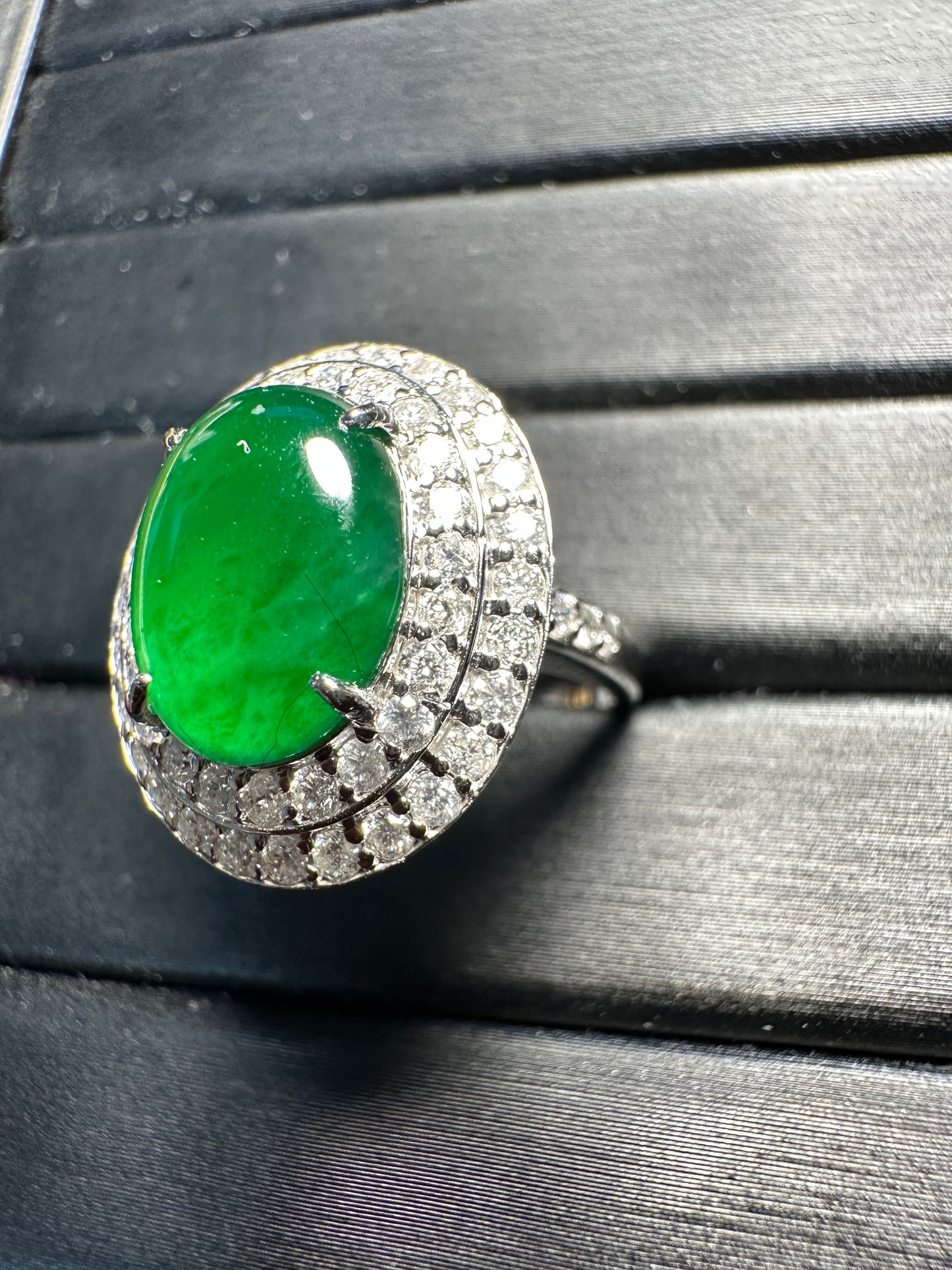 Natural Unheated Burmese Jadeite Jade (Type A) set with Double Halo Natural Diamonds in 18K Solid Gold.