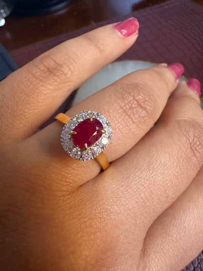Natural Unheated Burmese Ruby (1.45ct) Diamond Halo Engagement Ring – 18K Yellow Gold