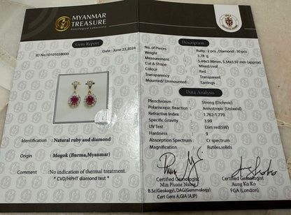 Teardrop style Natural unheated Burmese ruby and natural diamond earrings in 20K solid gold
