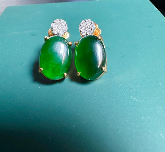 Elegant Earrings in Natural Unheated Burmese Jadeite Jade(Type A) (6.02CT) with Natural Diamonds and 18K Solid Gold.