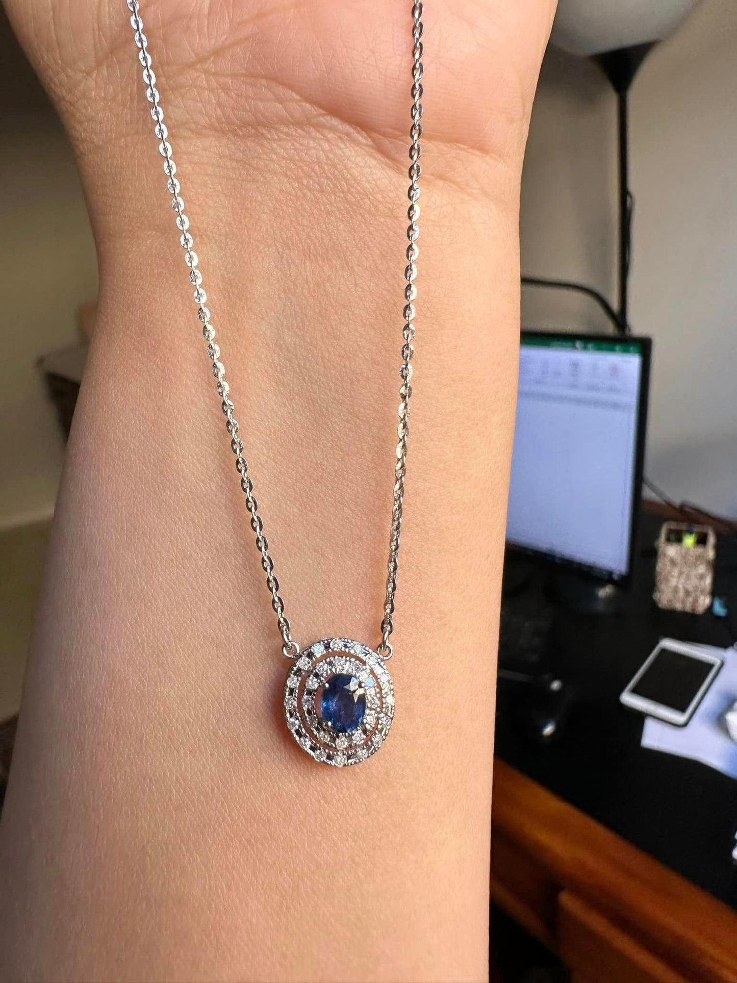 21K solid white gold with Burmese Natural Unheated Sapphire and Genuine Diamonds Necklace