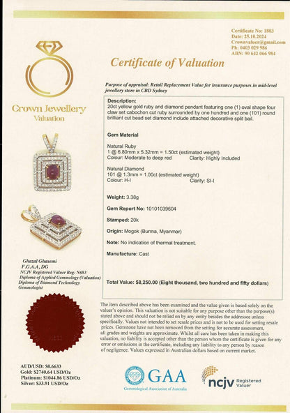 Natural Unheated Cabochon Burma Ruby (1.5CT) and Natural Diamonds in 20K Solid Gold Pendant