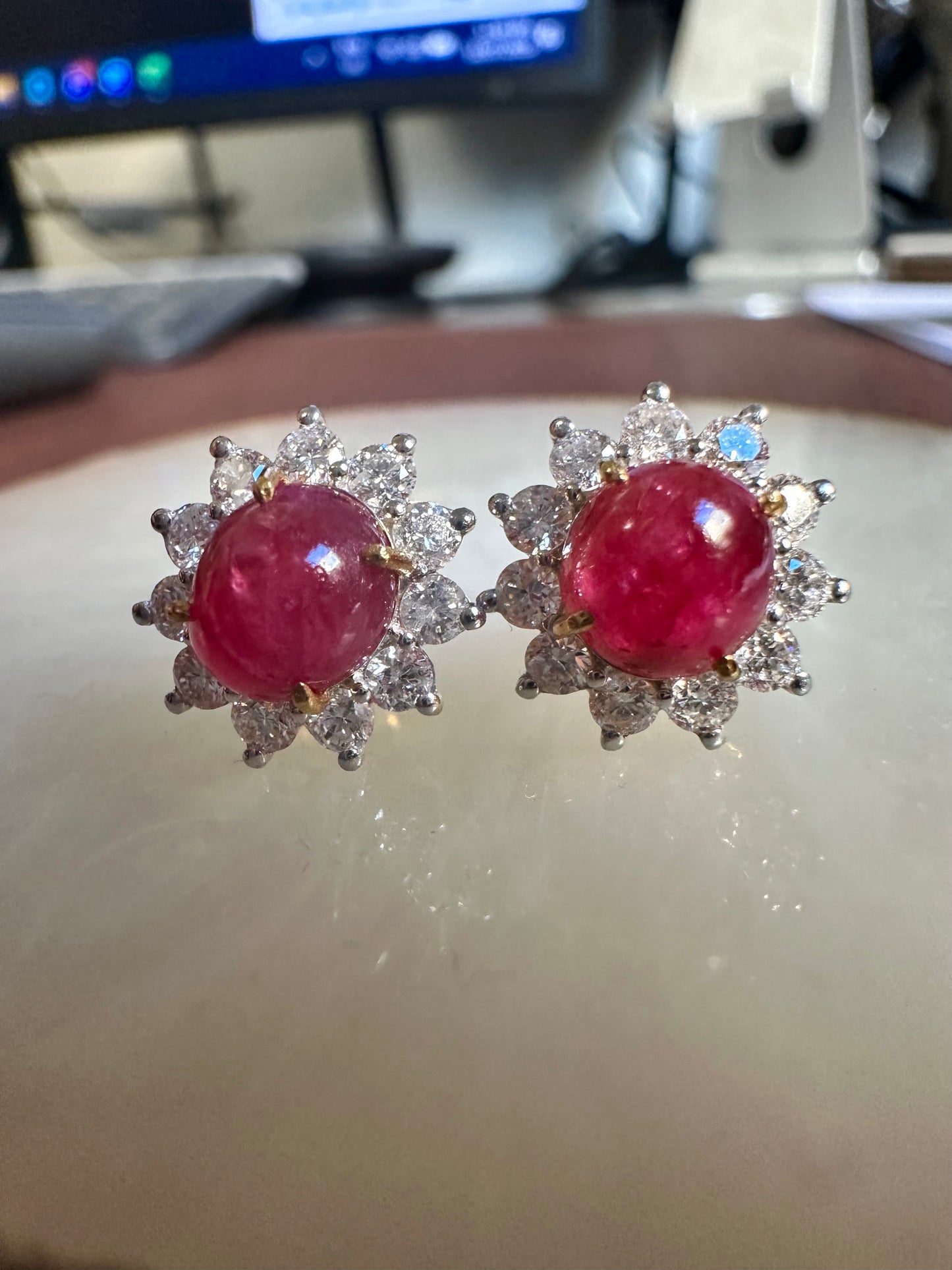 Natural Unheated Burmese Cabochon Ruby & Diamond Halo Stud Earrings | 3.00ct Rubies|18ct Solid Gold