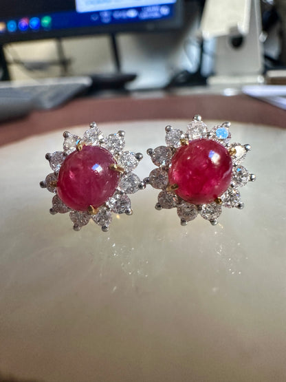 Natural Unheated Burmese Cabochon Ruby & Diamond Halo Stud Earrings | 3.00ct Rubies|18ct Solid Gold