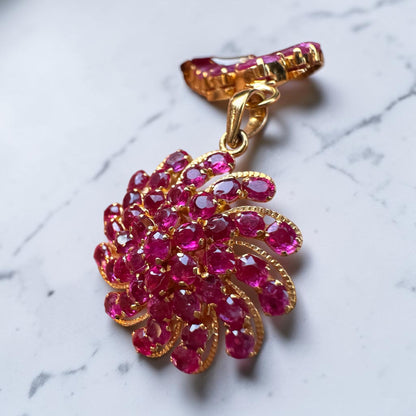 Floral Style Natural Unheated Burmese Rubies Sunburst Pendant in 20K Solid Gold