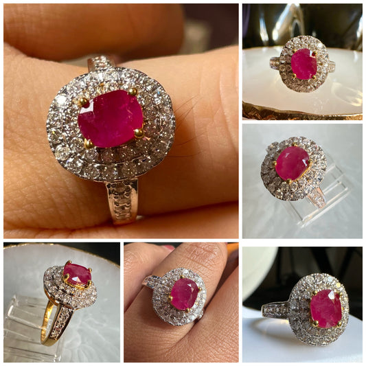 Burmese Natural Unheated Ruby (1.40CT) and Natural Diamonds Ring in 20K Solid Gold