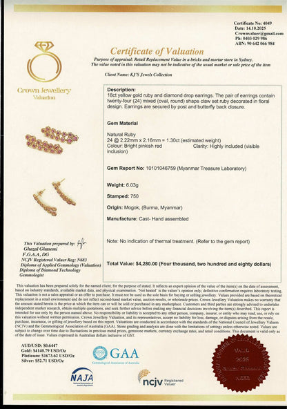 Timeless Floral Cascade Earrings – 20K Solid Gold with Natural Unheated Burmese Rubies