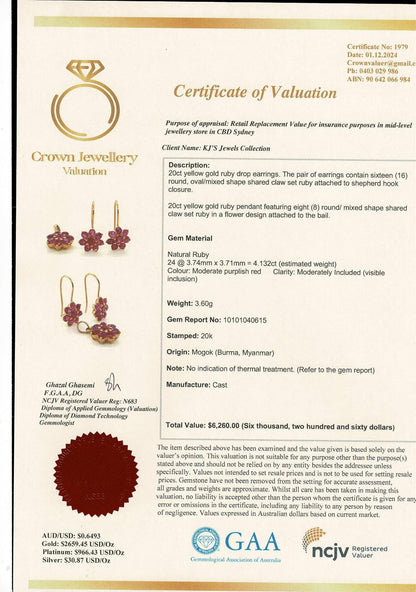 Stunning and Quality Earring & Pendant Set -Featuring Natural Unheated Burmese Ruby (4.13CT)  in 20K Solid Gold.