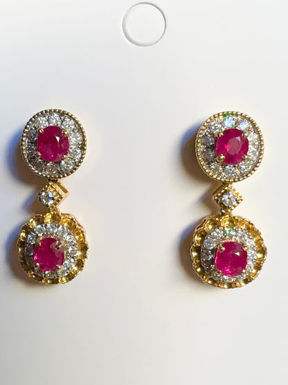 Four pieces Burmese natural unheated ruby and natural diamond earrings in 18K solid gold