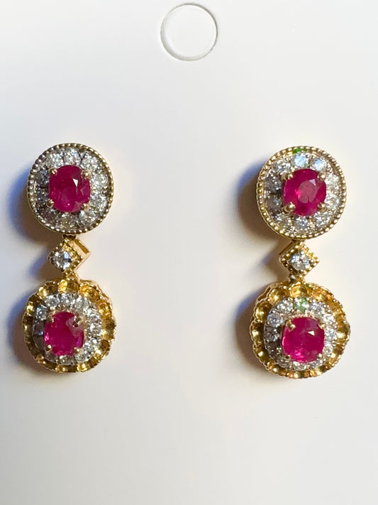 Four pieces Burmese natural unheated ruby and natural diamond earrings in 18K solid gold
