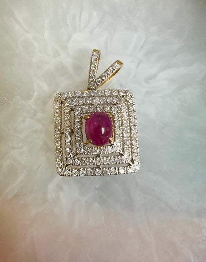 Natural Unheated Cabochon Burma Ruby (1.5CT) and Natural Diamonds in 20K Solid Gold Pendant