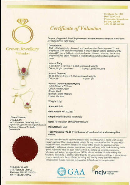 Pendant featuring a combination of Natural Unheated Ruby, South Sea Cultured Pearl and Natural Diamonds in 18K Solid Gold.