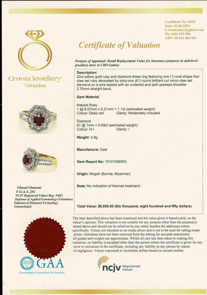 Beautiful Blood Red colour Natural Unheated Burmese Ruby (1.1CT) with Natural Diamonds Ring