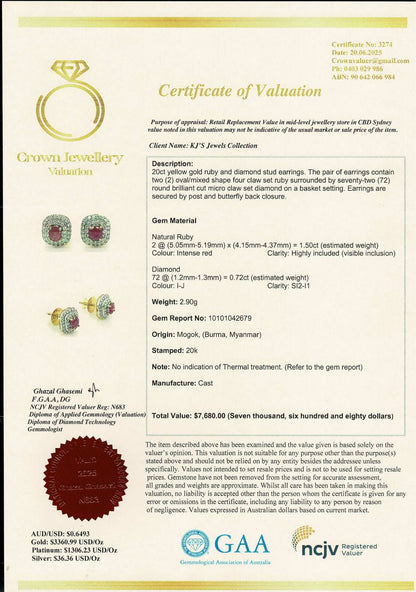Natural unheated Burmese rubies (1.50CT) and natural diamond drop earrings in 20K solid gold