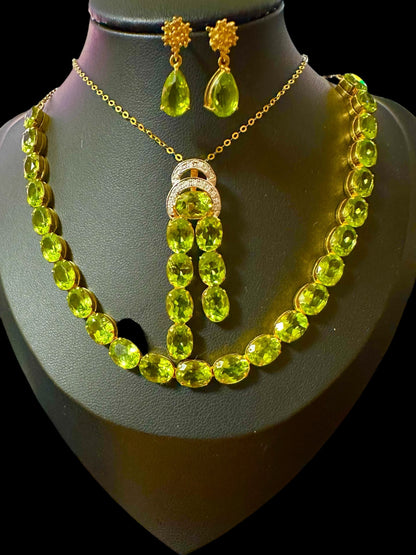 Natural Unheated Burmese Peridot (31.55 CT) Tennis Necklace in 18K Solid Gold