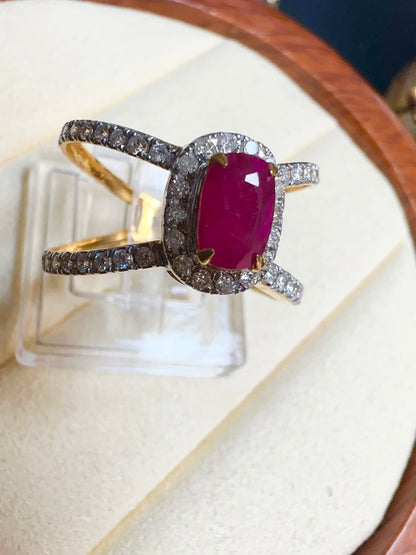 Beautiful Burmese Natural Unheated Ruby (1.0CT) and Natural Diamonds Ring in 20K Solid Gold