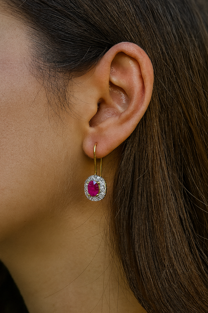 Natural unheated Burmese rubies (1.5CT) and natural diamond drop earrings in 20K solid gold