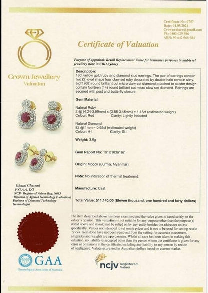 Two-step Burmese natural unheated ruby and natural diamond earrings in 18K solid gold
