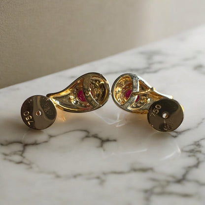 Vintage Style Natural Unheated Burmese Ruby (1.18CT) and Natural Diamonds Earrings in 18K Solid Yellow Gold