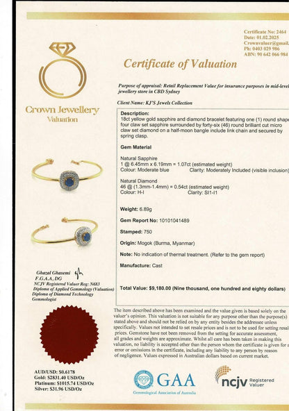 Natural Unheated Burmese Sapphire and Natural Diamonds Bangle in 18K Solid Gold