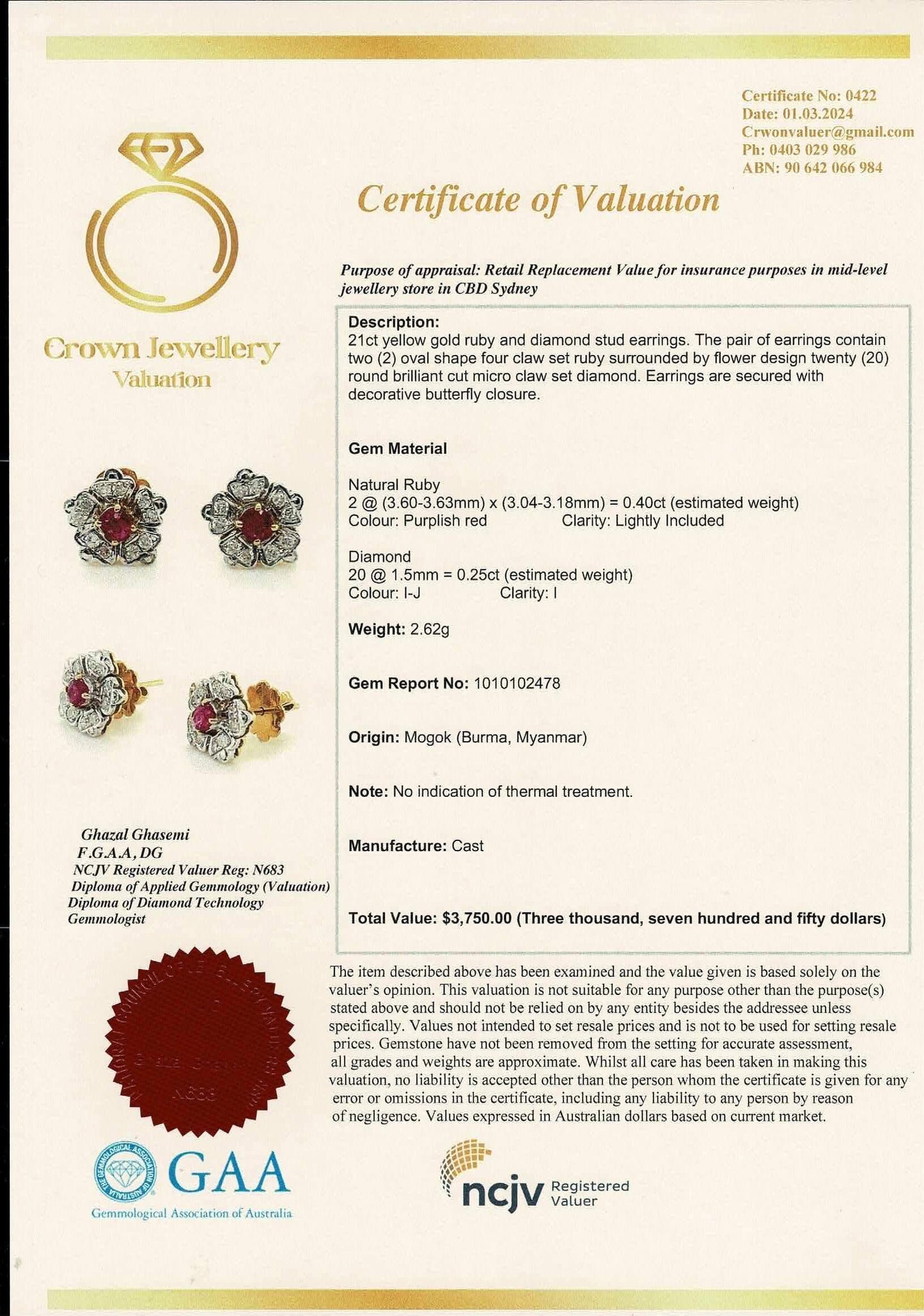 Natural Unheated Burmese Ruby and Diamond with 21K Solid Gold Earring
