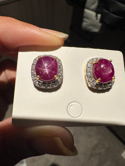 Oversized Natural Unheated Star Ruby (7.77CT) Earrings with Natural Diamonds in 20K Gold