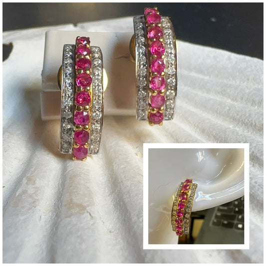 21K Gold with Nature Unheated Burmese Ruby and Diamond Earrings