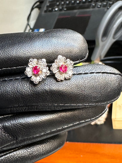 Natural Unheated Burmese Ruby and Diamond with 21K Solid Gold Earring