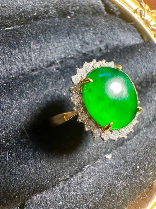Diana-Style Ring - Natural Unheated Burmese Jadeite Jade (Type A) with Natural Diamonds in 18K Solid Gold.