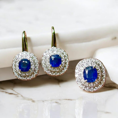 Natural Unheated Burmese Sapphire Earrings and Pendant in Solid Gold