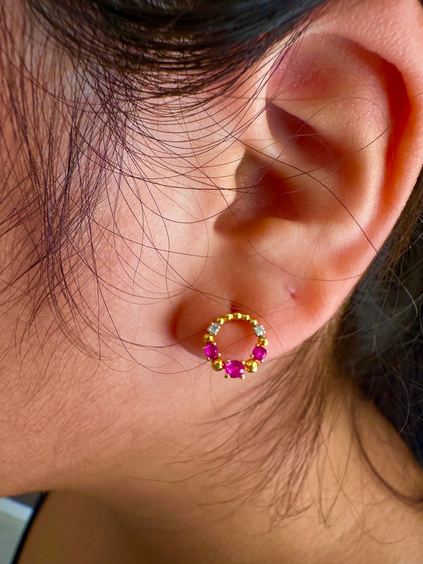 Elegant Natural Unheated Ruby & Diamond Stud Earrings in 18K Gold – Perfect for Everyday Wear