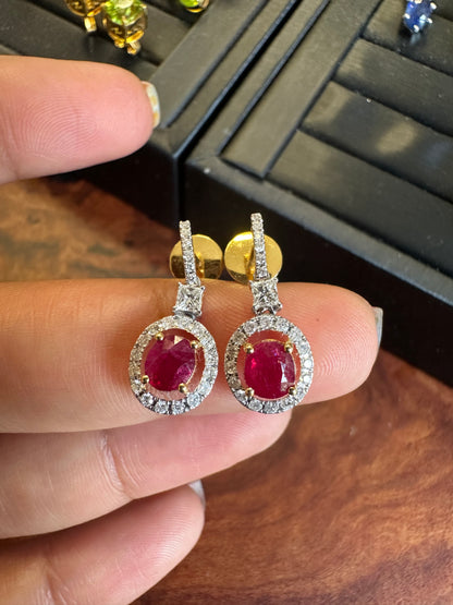 Natural unheated Burmese rubies (1.55CT) and natural diamond drop earrings in 20K solid gold