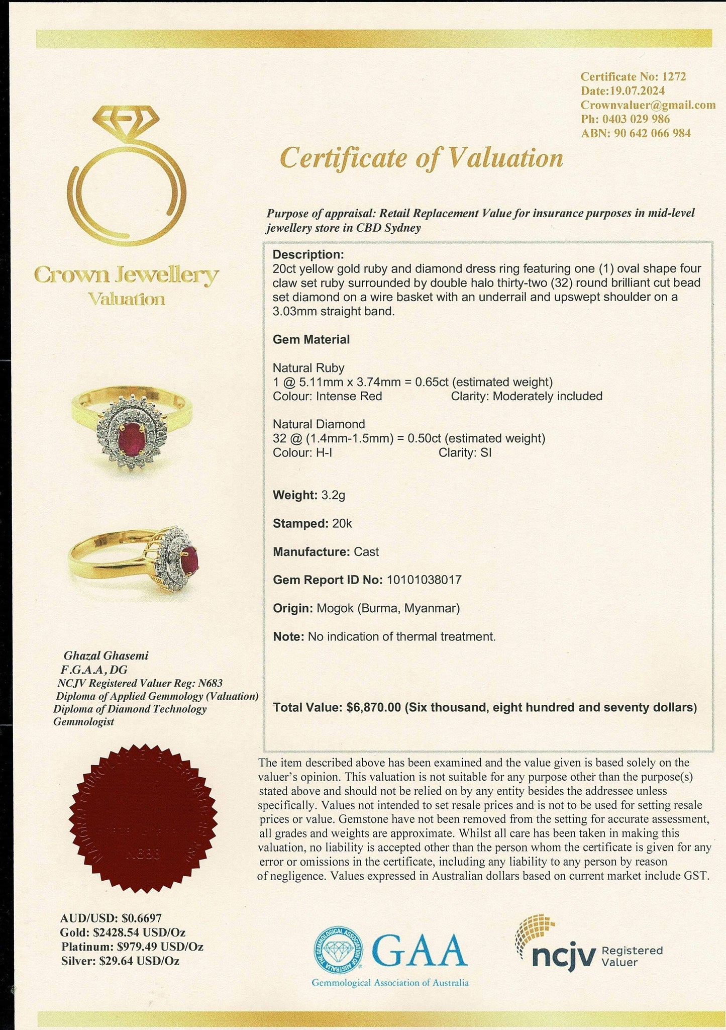 Burmese Natural Unheated Ruby and Natural Diamonds Ring in 20K Solid Gold