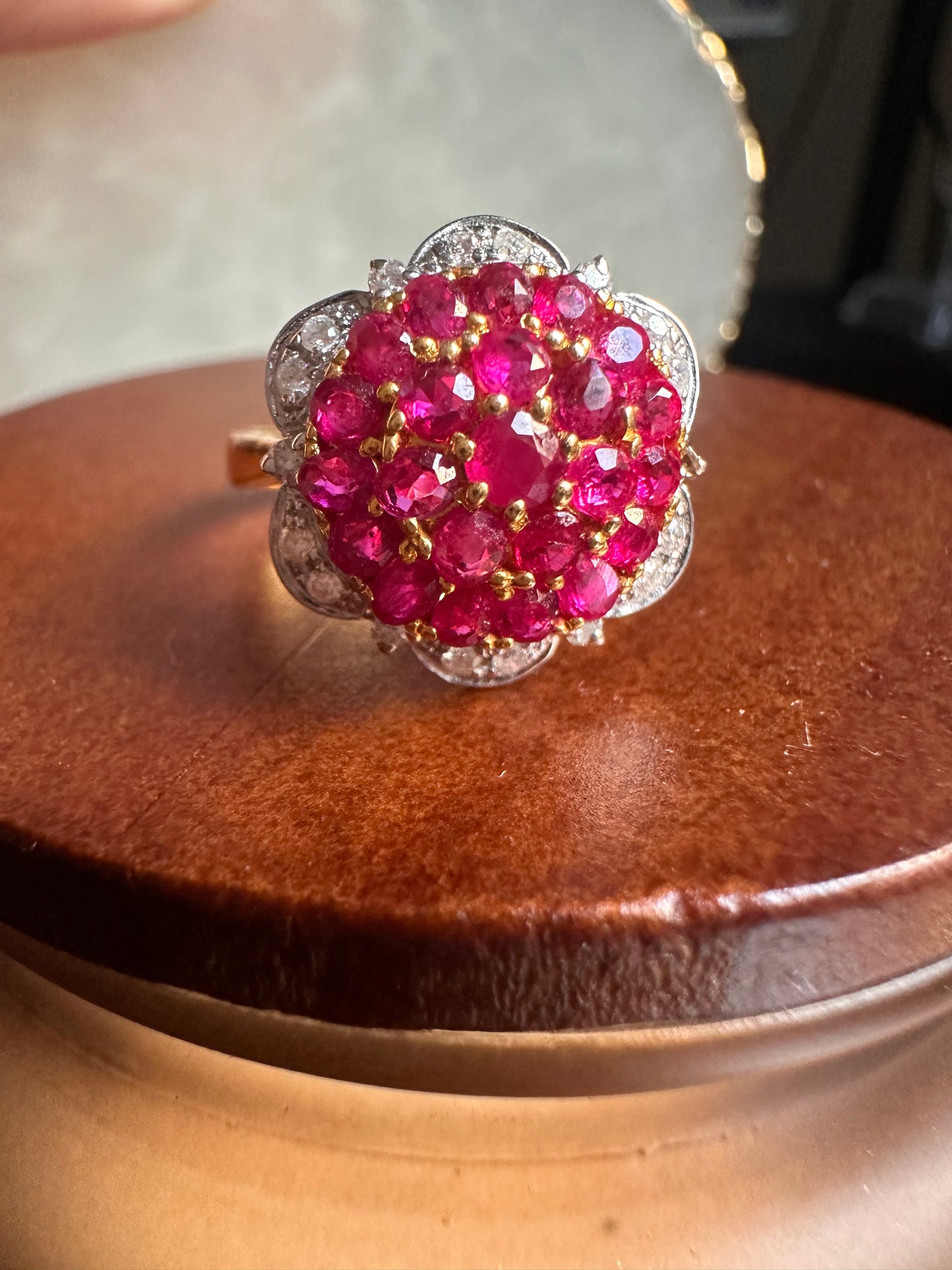 Pigeon Blood-Red Natural Unheated Burmese Ruby Sunburst Cluster Ring | Natural Diamonds | 20K Solid Gold