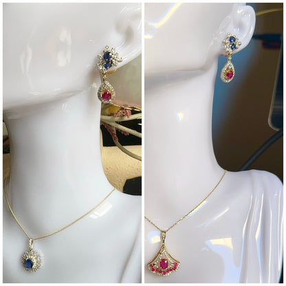 Beautiful natural untreated Burmese ruby, sapphire, and diamond (2 in 1) earring stud in 18K Solid Gold