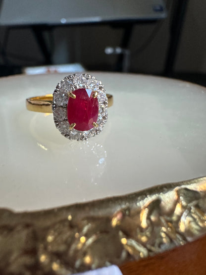 Natural Unheated Burmese Ruby (1.45ct) Diamond Halo Engagement Ring – 18K Yellow Gold