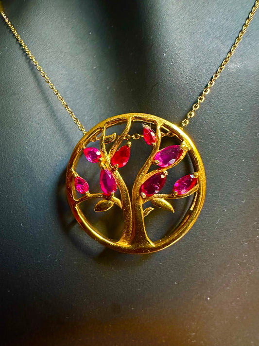 Modern Tree of Life Pendant with Natural Unheated Burmese Rubies on a Solid Gold Chain