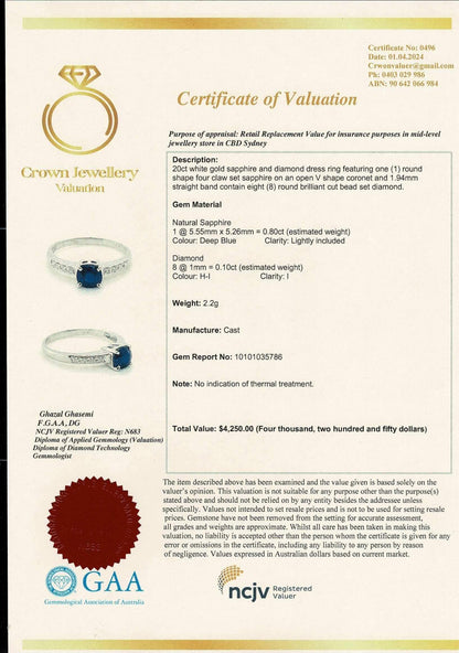 Burmese Natural Unheated Sapphire and Natural Diamonds Ring in 20K Solid White Gold
